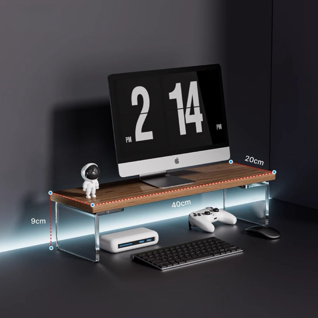 Acrylic suspended elevated office desk desktop computer screen raised monitor raised storage rack