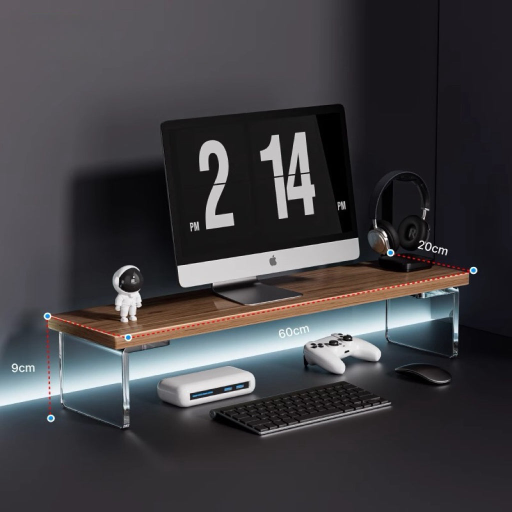 Acrylic suspended elevated office desk desktop computer screen raised monitor raised storage rack