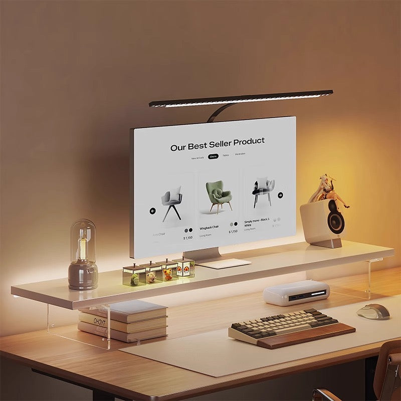 Acrylic suspended elevated office desk desktop computer screen raised monitor raised storage rack