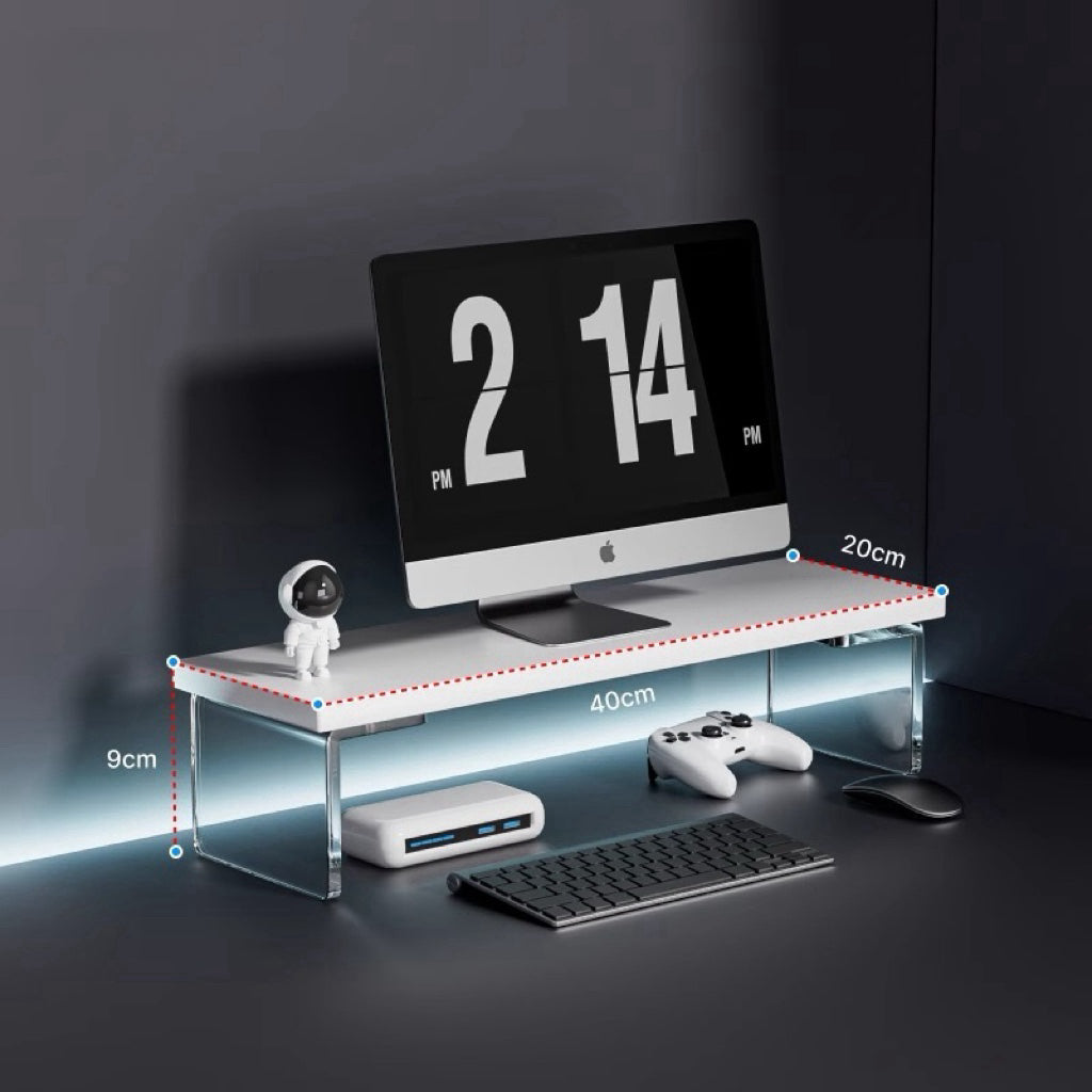 Acrylic suspended elevated office desk desktop computer screen raised monitor raised storage rack