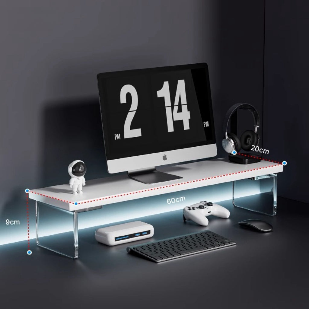 Acrylic suspended elevated office desk desktop computer screen raised monitor raised storage rack