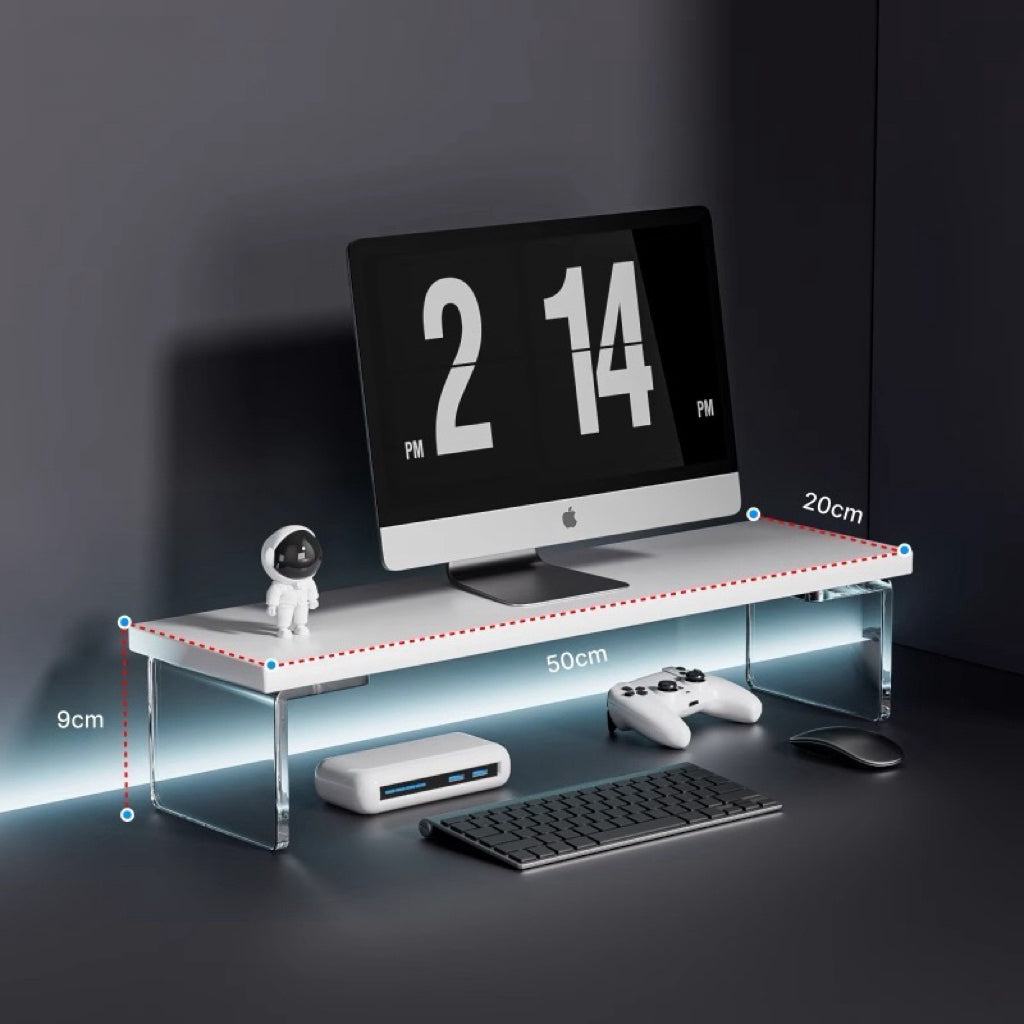 Acrylic suspended elevated office desk desktop computer screen raised monitor raised storage rack